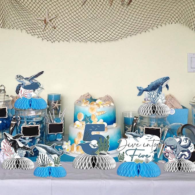 8Pcs Dive Into Five Honeycomb Centerpieces for Boys, 5th Birthday Ocean Themed Under The Sea Table Toppers Five Years Old Party Supplies