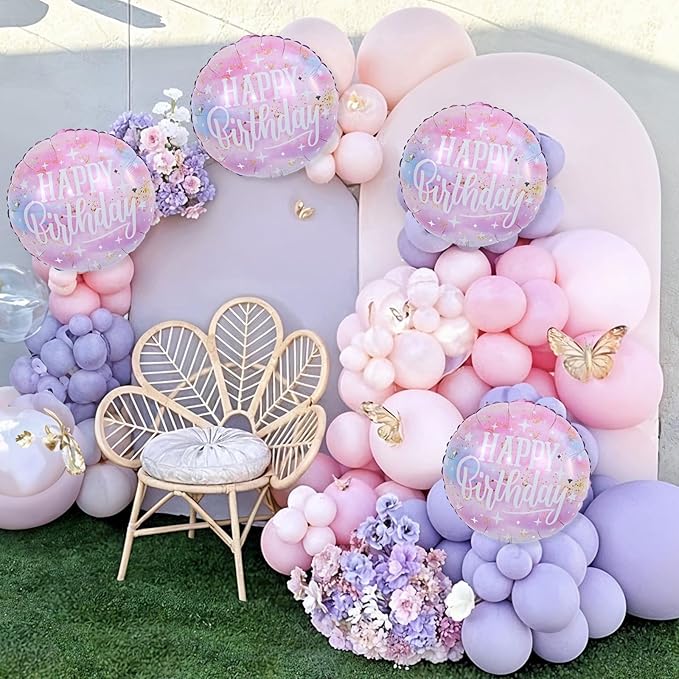 18 Inch Happy Birthday Foil Balloons, 4Pcs Pastel Pink Purple Blue Cloud Helium Mylar Round Birthday Balloons with Stars for Teen Girl Women Outer Space Starry Galaxy Baby Shower Party Decorations