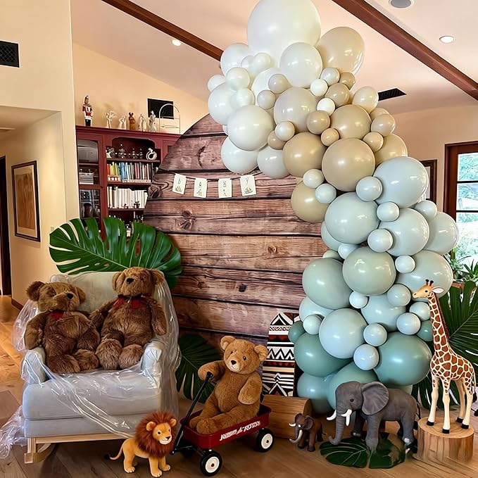 Woodland Balloons, 12 Inch Sage Green Brown and Sand White Balloon Double Stuffed Blue Balloon for Woodland Safari Jungle Forest Wild One Baby Shower Birthday Party Decorations