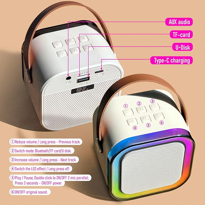 Mini Karaoke Machine for Kids with 2 Wireless Microphones and Lights, Bluetooth Connect Phone to Sing, 4-12+ Year Old Girl Boy Birthday Gifts, Teen Girl Gifts Trendy Stuff (Beige)