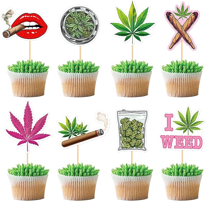 Ercadio 32 PCS Dope Happy Birthday Have a Dope Birthday Cupcake Toppers Pot Leaf Weed Leaves Cupcake Picks Green Marijuana Dope 420 Themed Party Supplies