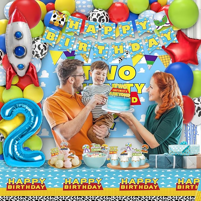 Two Infinity and Beyond Birthday Decorations - 105 Pcs Toy Inspired Story 2nd Birthday Party Supplies Include Banner, Balloons, Backdrop Film, Balloon Cake Topper, Tablecloth