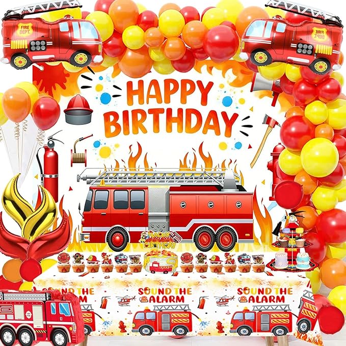 Fire Truck Birthday Party Decorations Kit – Firefighter Party Supplies with Happy Birthday Backdrop, Table Cover, Cake Toppers and Foil & Colorful Balloons for Kids Rescue Theme Party