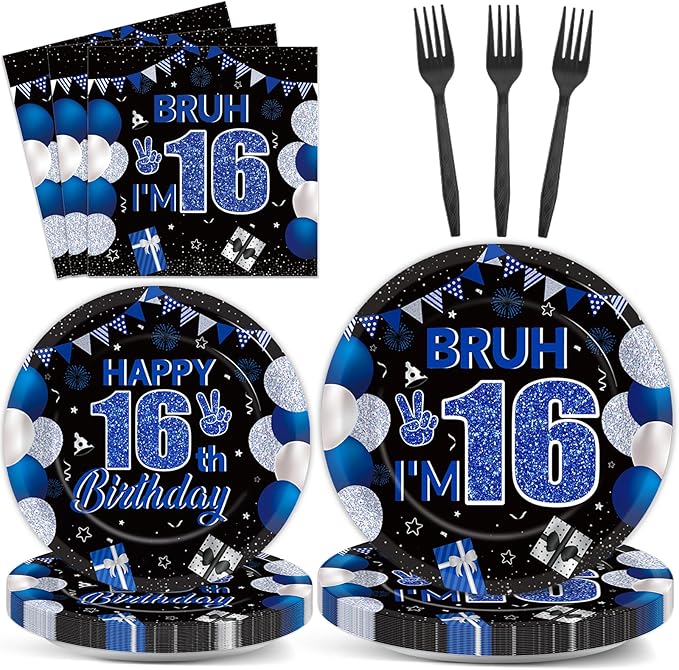 96PCS 16th Birthday Party Paper Plates and Napkins and Forks Set for Blue and Silver Bruh I'm 16 Years Old Party Paper Plates Disposable Decor Happy 16th Parties Set for Teens Birthday Decorations
