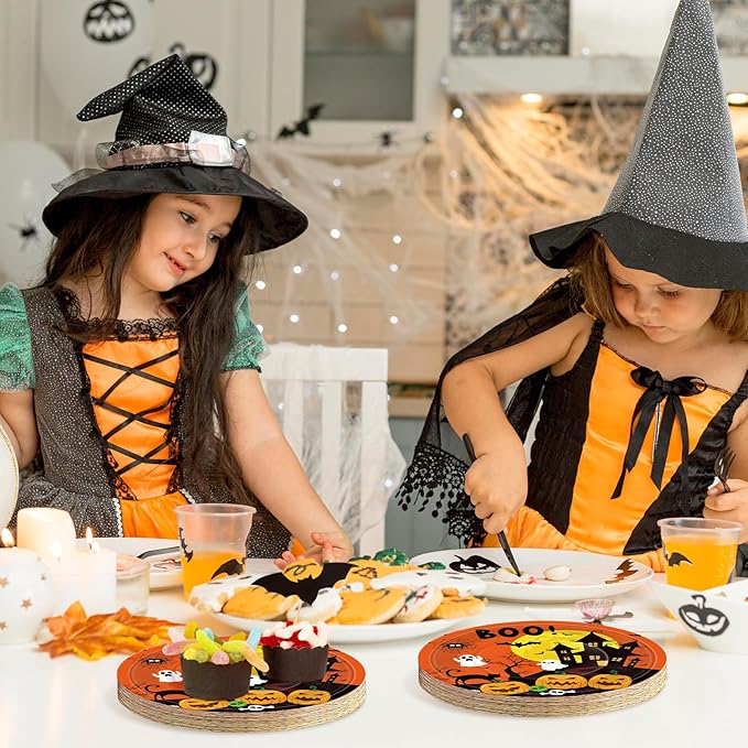 50 Pcs 9-Inch Halloween Paper Plates - Spooky Haunted House Party Supplies Set, Disposable Tableware with Ghost, Pumpkin, and Bat Designs for Candy, Snack, Dessert, Trick or Treat Decorations