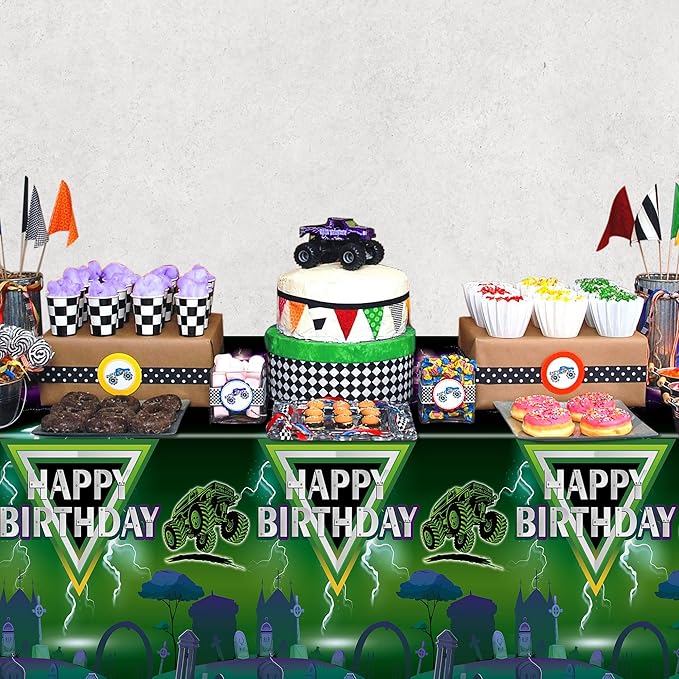 Green and Purple Monster Truck Tablecloths - Monster Truck Happy Birthday Disposable Rectangle Table Cover for Baby Shower Kids Birthday Party Dinner Table Decoration 108×54 inches (3)