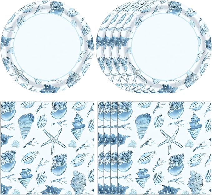 40pcs Ocean Seashell Party Supplies Beach Theme Party Decorations Tableware Set Summer Paper Plates and Napkins for Kids Birthday Baby Shower Decorations
