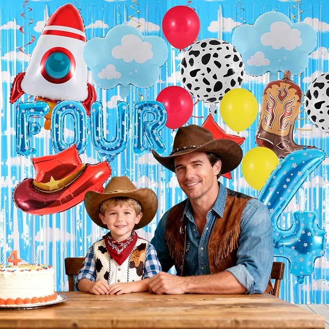 18Pcs Toy Themed Party Decorations Cartoon 4th Birthday Decorations Blue Sky White Clouds Cowboy Hat Boots Rocket Balloons Reach Four The Sky Toy Inspired Birthday Party Supplies