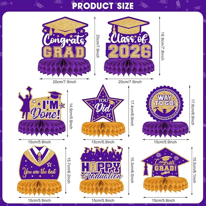 8 Pieces Class of 2026 Graduation Table Decorations - 2026 Congrats Grad Honeycomb Centerpieces, Graduations Table Toppers Decor for 2026 Graduation Party Decorations Favor Supplies, Purple and Gold