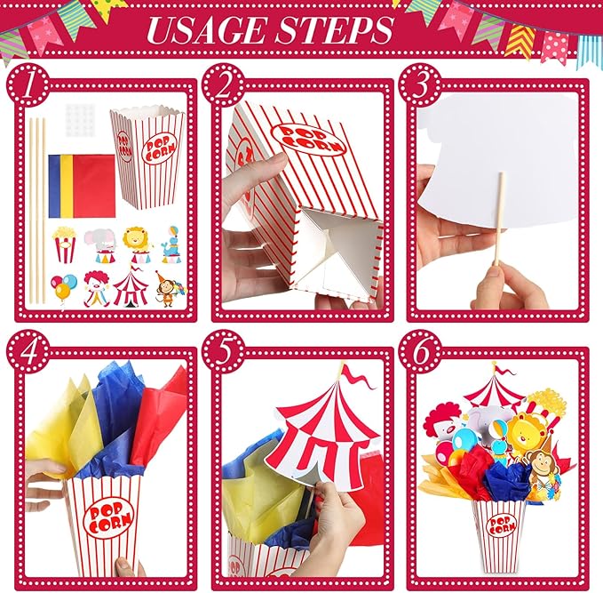 8 Sets Circus Carnival Party Centerpieces Decorations Circus Theme Table Toppers with Popcorn Box Cutouts and Sticks for Carnival Party Birthday Decor Supplies