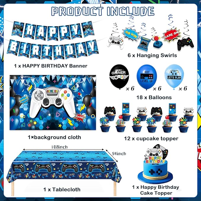 45Pcs Gamer Birthday Party Decorations - Gaming Party Supplies with Backdrop, Banner, Tablecloth, Balloons, Swirls & Cake Toppers for Video Game Theme, Blue