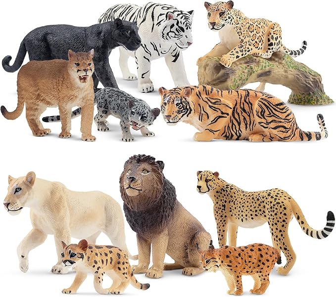 Toymany 12PCS Big Cat Wild Animal Figurines, Realistic Safari Animals Set Includes Lion,Tiger,Cougar,Cheetah,Leopard,Jaguar,Lynx Educational Toy Cake Toppers Christmas Birthday Gift for Toddlers