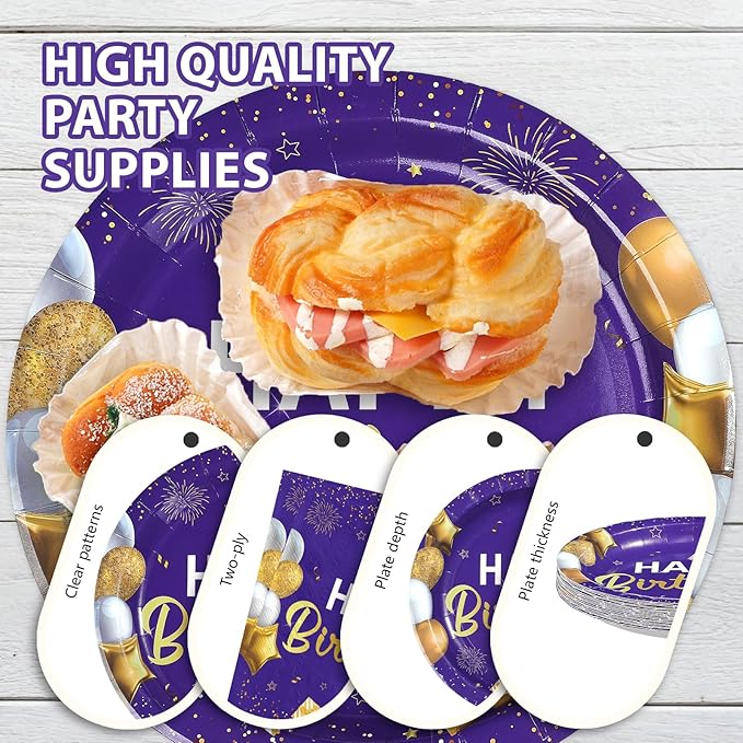 96Pcs Purple and Gold Birthday Party Decorations for Women Purple and Gold Happy Birthday Plates and Napkins Sets Princess Decorations for Girls Lady Bday Party Supplies Serves 24