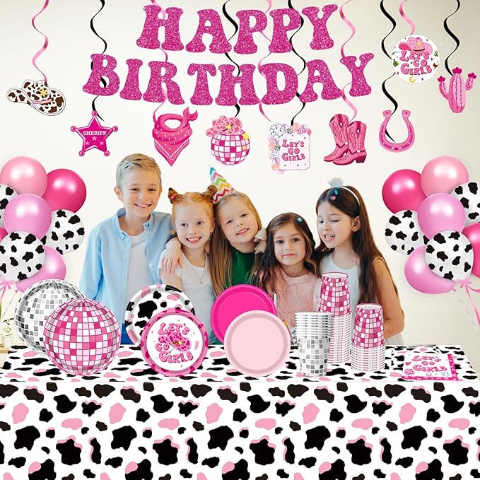 131 PCS Cowgirl Birthday Party Decorations Disco Cowgirl Party Decorations - Includes Plates, Napkins, Cups, Banner, Hanging Swirl, Tablecloth, Balloon for Western Cowgirl Party Decorations, Serve 24