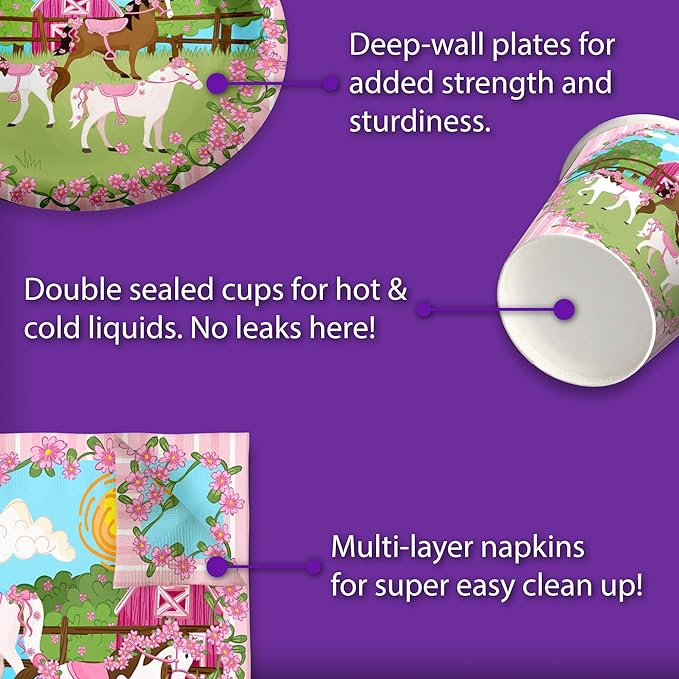 Lovely Pink Horse Birthday Party Supplies Set Plates Napkins Cups Tableware Kit for 16