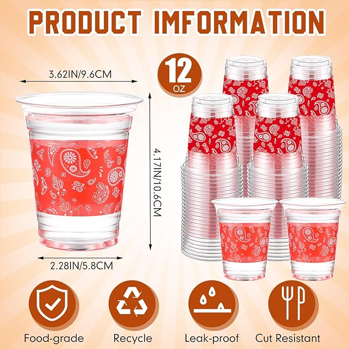 100 Pcs Western Plastic Cups 12 oz Clear Disposable Plastic Cowboy Cowgirl Drinking Cups Bulk for Boho Preppy Baby Shower Birthday Wild West Party Decoration Supplies(Red Bandana,Red)