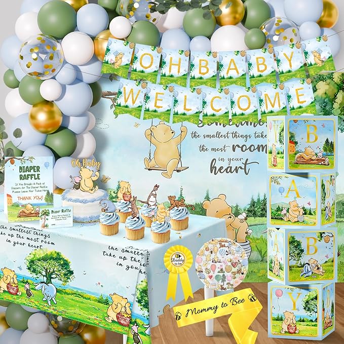154 PCS Blue Winnie Baby Shower Decorations Kit Vintage Winnie Party Supplies Decorations, All-in-1-Balloon Garland Arch Backdrop, Tablecloth, Cake Topper, Banner, Box Decorations for Boy Baby Shower