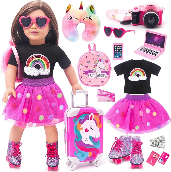 American 18 Inch Doll Accessories Travel Set Including Suitcase Luggage and Dress, Camera Computer Phone Neck Pillow Sunglasses Dolls Travel Gear Play Set Gift for Birthday (NO Doll)