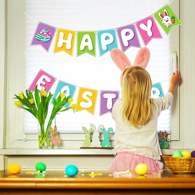 OHOME Easter Decorations - Happy Easter Banner | Bunny Party Decorations for Indoor Outdoor Outside - Bunny Egg Garland for Front Door | Easter Backdrop Wreath for Window Wall - Easter Decor