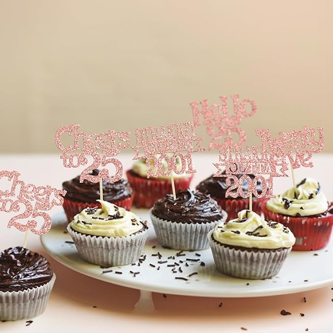 Ephlyn 24Pcs 25th Birthday Cupcake Toppers Glitter Straight Outta 2001 Cupcake Picks Hello 25 Cheers to 25 Years Cake Decorations for 25th Birthday Anniversary Party Decorations Supplies Rose Gold