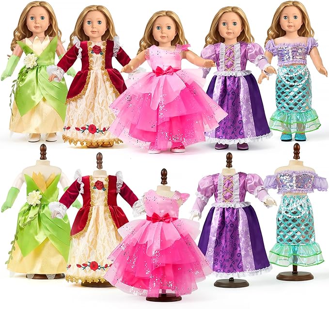 18 Inch Doll Clothes and Accessories 5-Piece Princess Dress Up Set - Complete Outfits for 18 Inch Dolls - Perfect for Dress Up Play & Birthday Gifts (No Doll)