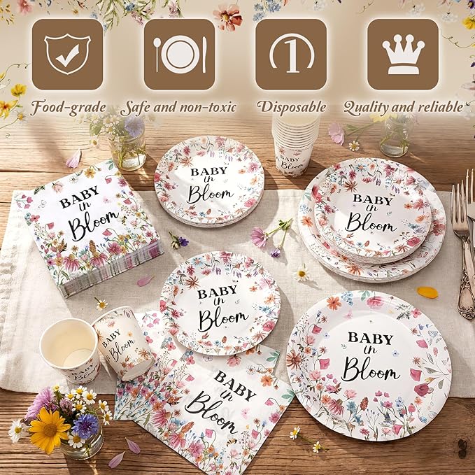 Hsei 250 Pcs Baby in Bloom Baby Shower Decorations Wildflower Plates and Napkins Set Floral Party Tableware Set for 50 Guests Floral Disposable Plates Napkins Cups for Birthday Babys Shower Party
