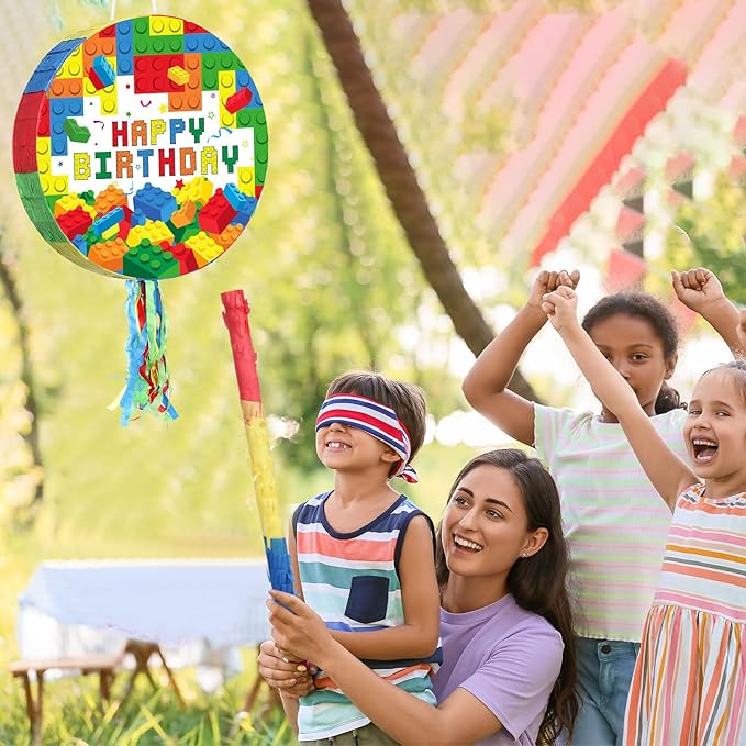 Jexine Birthday Block Piñata Set Birthday Building Piñata with Blindfold, Bat, Stick Blocks Party Supplies for Carnival Fiesta Party Supplies Event Decoration
