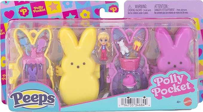 Polly Pocket x Peeps, Micro Doll & 2 Playsets with 7 Themed Accessories, Keychain Clip, Travel Toy, Partnership Compact