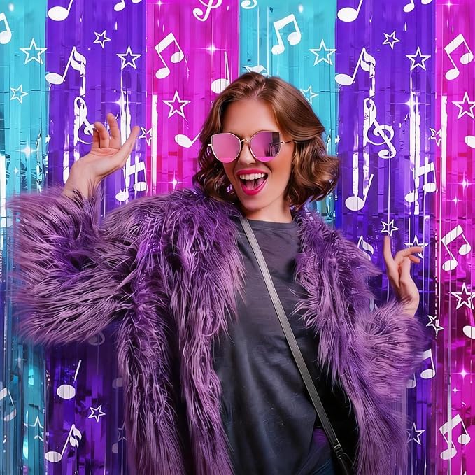 Demon Movie Hunters Birthday Party Decoration, 1 Pack Demon Movie Hunters Party Backdrop Photo Booth Prop, Pop Music Notes Print Fringe Curtains Tinsel Photo Streamers for Hunter Theme Party Supplies