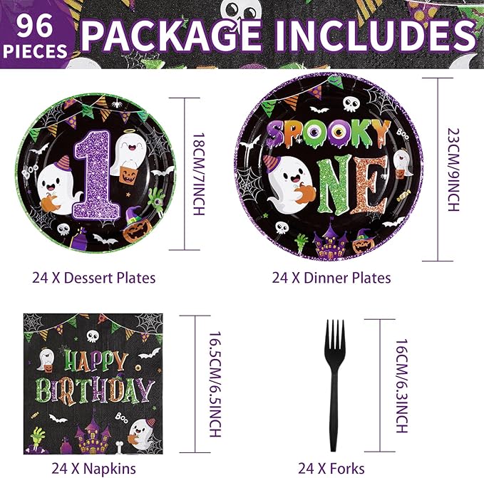 96Pcs Halloween 1st Birthday Party Supplies Spooky One Party Plates and Napkins Halloween Cartoon Ghost Black Purple Tableware Set for Boys or Girls First Birthday Decorations, Serves 24