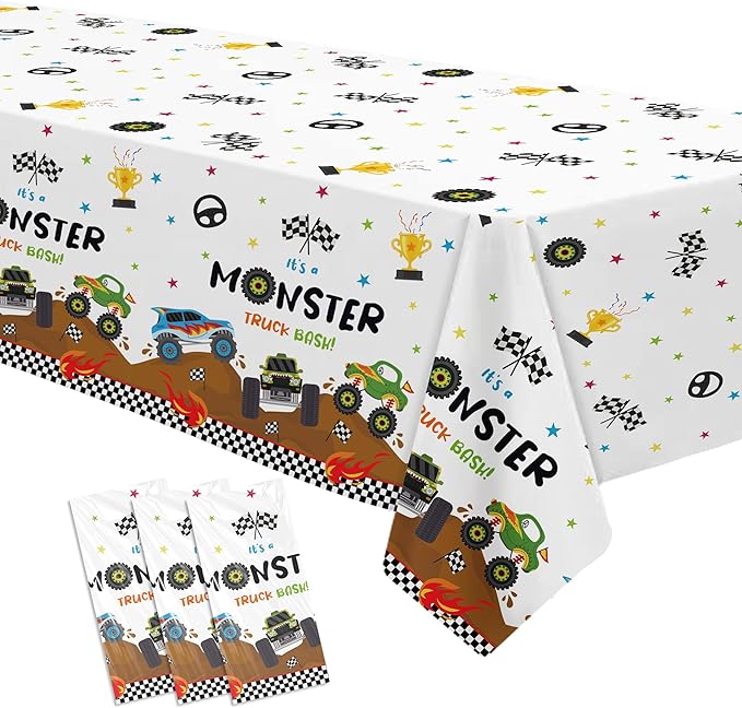 Monster Truck Birthday Decorations Tablecloth - Disposable Monster Truck Birthday Party Supplies Table Cover for Kids - 3 Pack (54in x 108in)