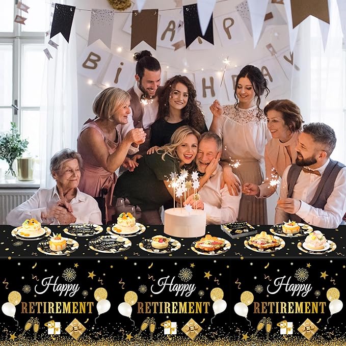 Zhehao 101 Pcs Retirement Party Tableware Set Black and Gold Happy Retirement Party Supplies Includes 50 Paper Plates, 50 Napkins and 1 Tablecloth for Men Women Say Goodbye
