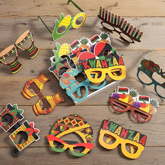 Pajean 36 Pcs Kwanzaa Party Favor Packs Decoration Kwanzaa Photo Props Paper Glasses Bulk African Theme Eyeglasses for Party Favors, Cultural Celebration Decorations, Red Black Green Event Accessories