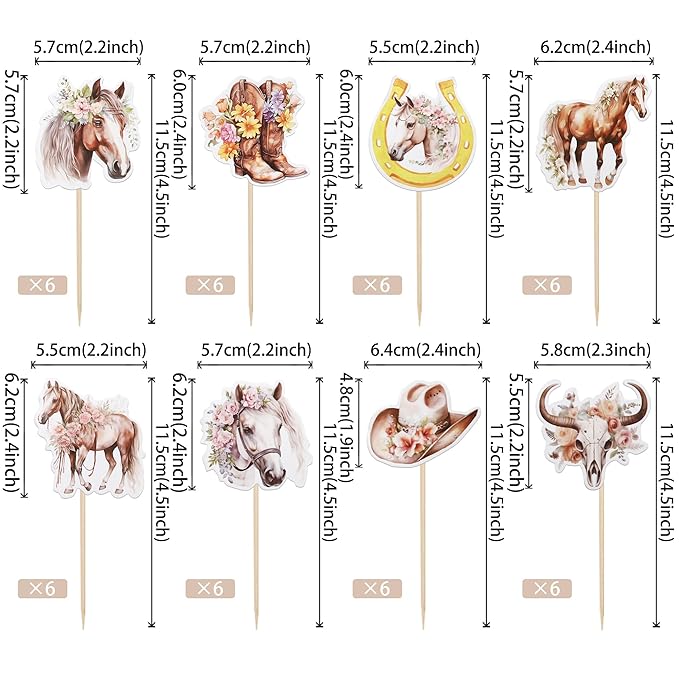 ZHUOWEISM 40 PCS Horse Cupcake Toppers - Western Cowgirl Cupcake Picks - Floral Horseshoe Hat Boots - Cake Decorations for Horse Theme Parties, Baby Showers, Girls Birthday Parties - Pattern A8