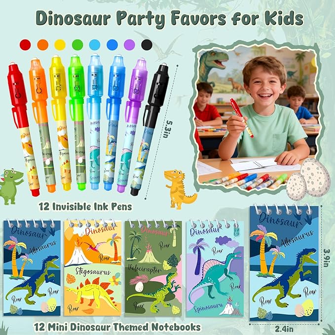 Invisible Ink Pen and Notebook Pack, 24 Pcs Dinosaur Party Favors, Spy Pens with UV Light Magic Marker for Secret Message Dino Party Favors for Kids Boys Girls Birthday Gift School Stationery Set