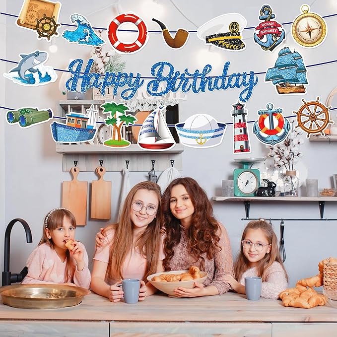 CC HOME 3Pcs Sailing Navigation Happy Birthday Banner Pirate Navy Party Hanging Banner Career Theme Birthday Bridal Wedding Baby Shower Boys Girls Kids Home Classroom Party Supplies Decorations