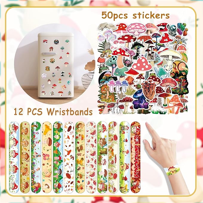 110PCS Mushroom Party Favors Mushroom Themed Slap Bracelet Stickers Tattoos, Keychain, Button Pins, Eyeglasses, Whimsical Woodland Forest Party Supplies Decorations for Garden Fairy