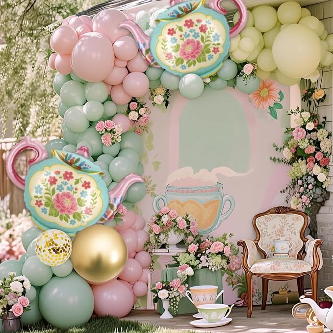 102 Pcs Tea Party Balloons, 35" Huge Teapot Aluminum Foil Balloons Pink Green Gold Confetti Latex Balloon for Girls Birthday Let's Par Tea Baby Shower Bridal Shower Garden Party Decorations Supplies