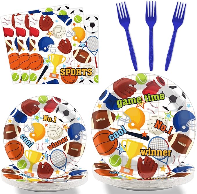 Tevxj 96PCS Sports Birthday Tableware Set Superstar Dinnerware Disposable All Star Birthday Party Plates Napkins Forks for Basketball Baseball Soccer Party Decorations Supplies 24 guests