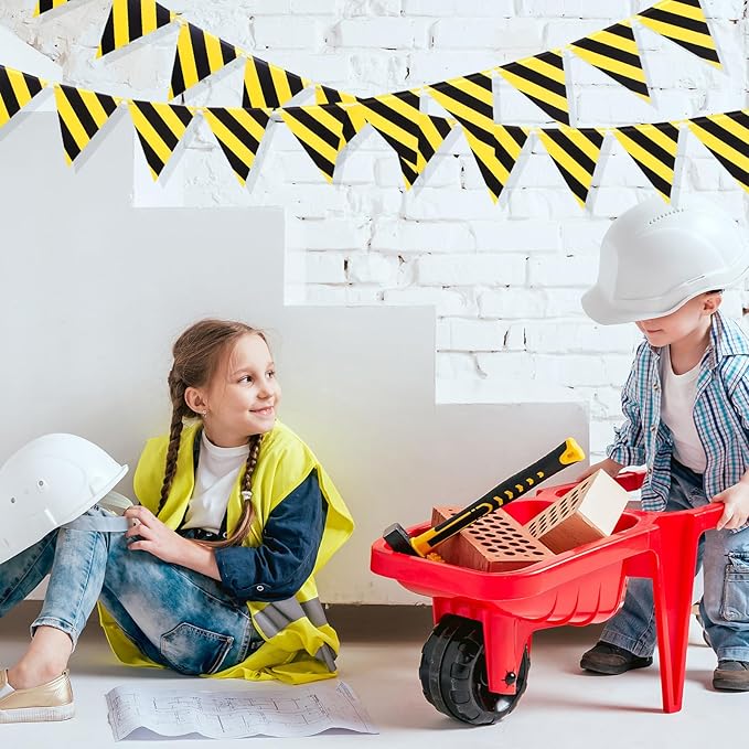 6 Pcs Construction Tablecloth Banner Birthday Party Supplies Decorations 4 Banners 2 Table Cloths Workplace Safety Decor Dump Truck Excavator Party Favors(White,Stripe)