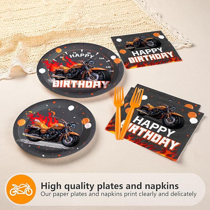 96Pcs Motorcycle Birthday Party Decorations Dirt Bike Birthday Paper Plates and Napkins Sets Black and Orange Dirt Bike Motorbike Decorations for Boys Motorcycle Theme Bday Party Supplies Serves 24