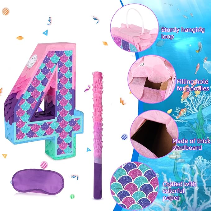 Mermaid Number 4 Pinata with Stick Blindfold for Girl 4th Birthday Party Decoration Colorful Paper Flaver Anniversary Celebration for Children's Ocean Mermaid Theme Carnival Event Decoration