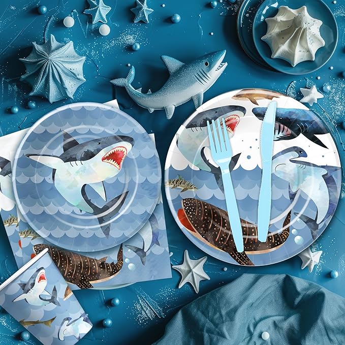 Shark Birthday Plates And Napkins Party Supplies - Ocean Under The Sea Shark Birthday Decorations Tableware, Paper Plate, Cup, Napkin, Disposable Fork, Serves 24