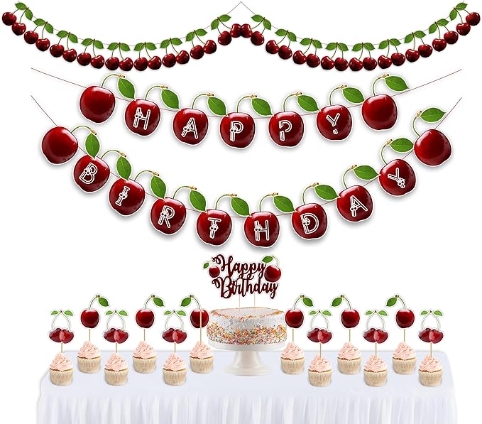 Cherry Theme Birthday Party Supplies – Sweet Fruit Inspired Party Decoration Set for Birthday Celebrations, Decorative Table Styling Items for Themed Events, Dessert Table Setup.