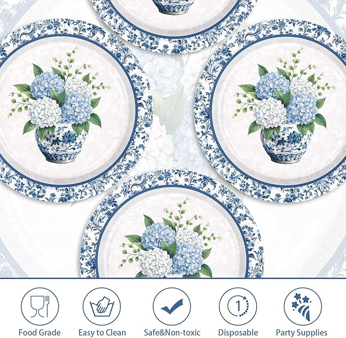 50Pcs Blue Hydrangea Paper Plates 9 Inch Disposable Blue White Chinoiserie Vintage Floral Dessert Plates Spring Tea Party Dinner Plate for Tea Wedding Baby Shower Birthday Bachelorette Decorations