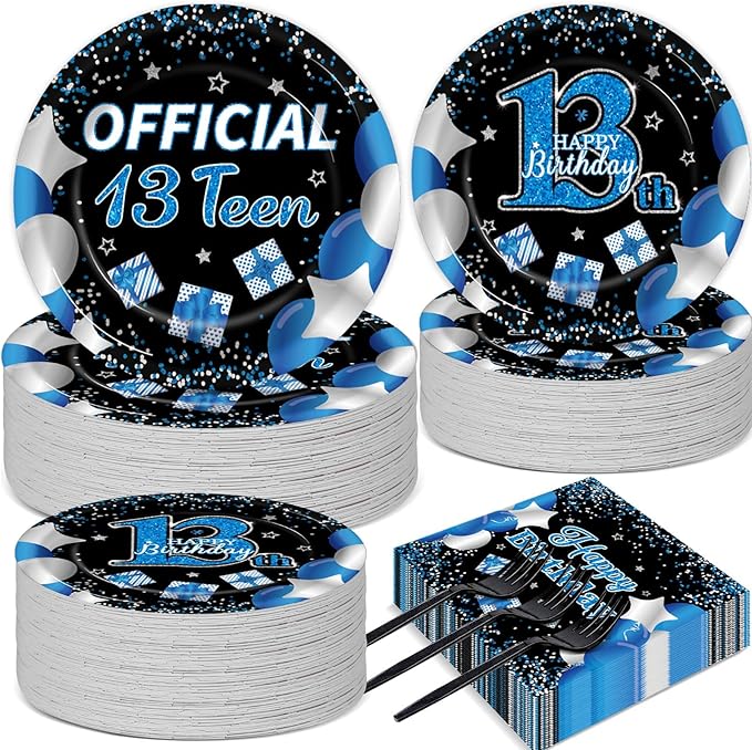 50 Guests Official Teen Birthday Plates and Napkins Party Supplies 13th Birthday Party Decorations Disposable Tableware Set Official Teen 13th Dinnerware Favor for Kids Girls Teenager, 200PCS