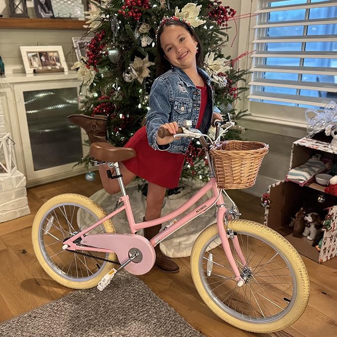 Petimini Vintage Kids Bike for Girls, 12–20 Inch Classic Bicycle with Wicker Basket & Bell, High Tensile Steel Frame, Training Wheels (12–18”), 85% Pre-Assembled, Retro Bike for Outdoor Riding