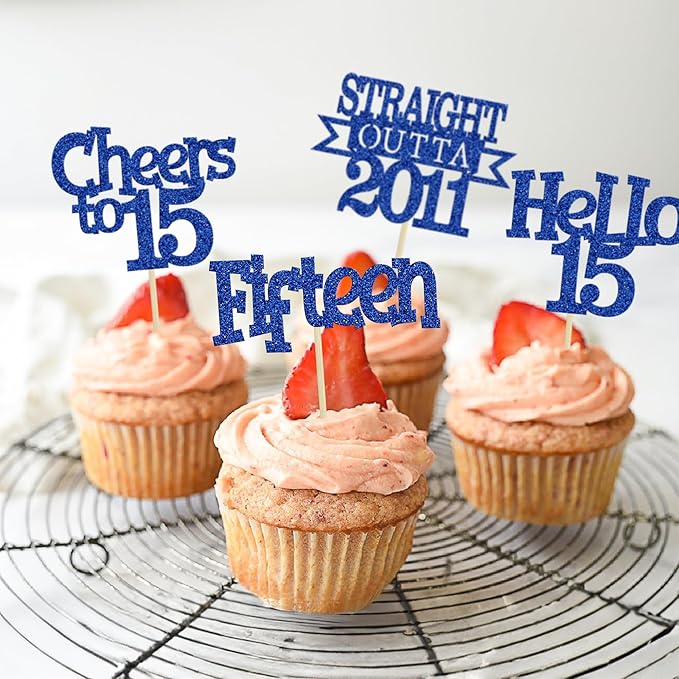 Ephlyn 24Pcs 15th Birthday Cupcake Toppers Glitter Straight Outta 2011 Cupcake Picks Hello 15 Cheers to 15 Years Cake Decorations for 15th Birthday Anniversary Party Decorations Supplies Blue