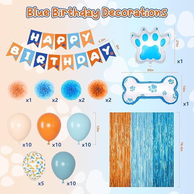 Ouddy Life Blue and Orange Party Decorations, Dusty Pastel Blue Boy Birthday Supplies Confetti Balloons Banner Dog Paw Bone Foil Paper Pompoms Fringe Curtain for Girls Kids Baby Shower Boho Decor