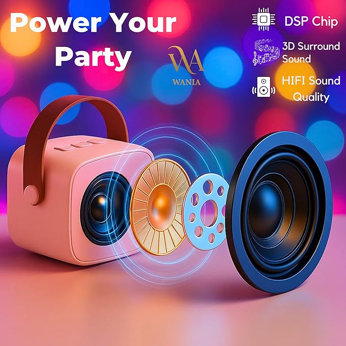 WANIA Mini Karaoke Machine for Kids and Adults - Portable Bluetooth Speaker with 2 Wireless Microphones, Rechargeable Music Player with LED Lights, Voice Effects, Gift for Ages 3, 4, 5-12+